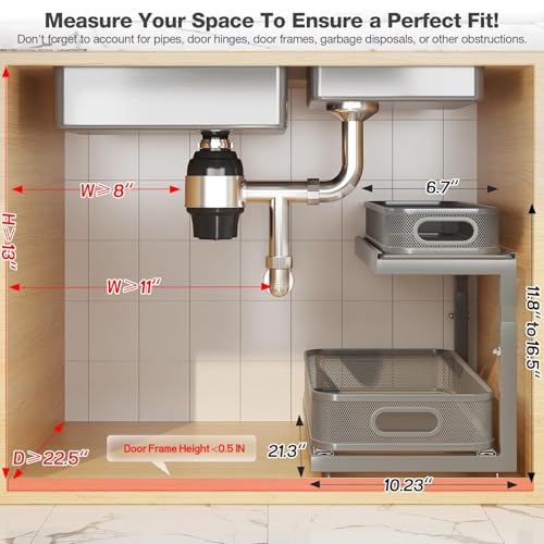 2-Pack 21.3 IN Depth Under Sink Organizer With Next-Gen Ball-Bearing Slides,Sophisticated Mesh 2-Tier Pull Out Shelf for Kitchen & Bathroom,Fits Small Items-Gun Gray - color: Gun Gray, size: 2 Pack-21.3"Dx11.8"-16.5"H