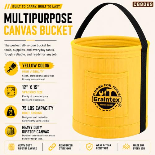 Graintex Canvas Utility Bucket 12"x15", Round Tool Bucket, Reinforced Base & Carry Handle, Ripstop Canvas, Multi-Purpose Bag for Jobsite, Gardening, Home Use, Ideal for Tool Storage Solutions - Yellow - color: Yellow