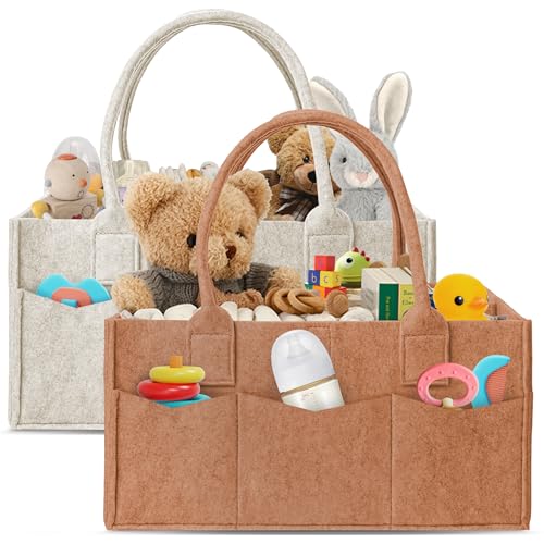HIPHOP PANDA 2-Pack Diaper Caddy Organizer - Nursery Storage Bin & Car Organizer for Diapers, Wipes, and Baby Essentials - Dual-Color Solid Set (Caramel/Oatmeal), Regular Size - color: Caramel and Oatmeal, size: Regular