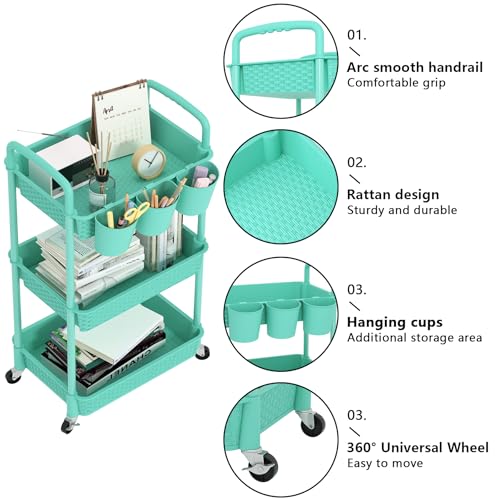 MOYIPIN 3-Tier Plastic Rolling Utility Cart with Handle,Turquoise - color: Turquoise, size: 3-Tiers with cups