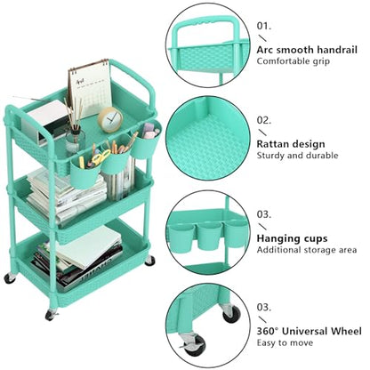 MOYIPIN 3-Tier Plastic Rolling Utility Cart with Handle,Turquoise - color: Turquoise, size: 3-Tiers with cups