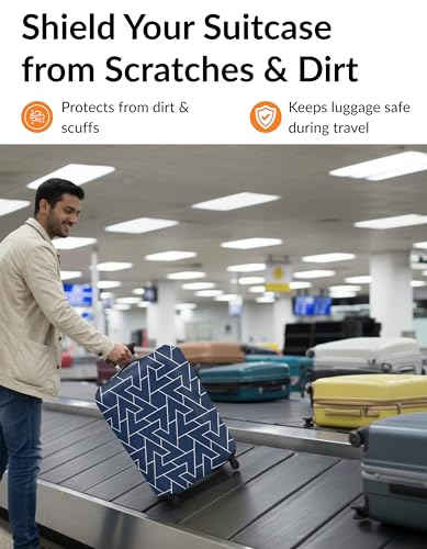 Luggage Cover Navy Blue Size M 22-25 Inch, Premium Stretchable Suitcase Protector, Washable Scratch Resistant Dustproof Elastic Travel Bag Cover with Bottom Zipper, Geometric Pattern - color: Navy Blue, size: M (22-25 Inch)