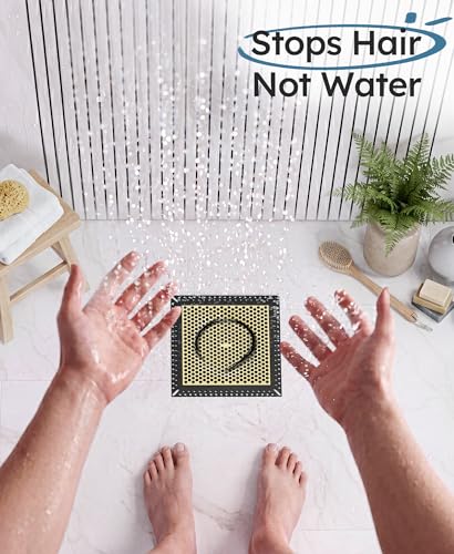 Square Shower Drain Hair Catcher, Anti-Clogging, 6 inch - color: Matte Black & Brushed Gold, size: 6 inch