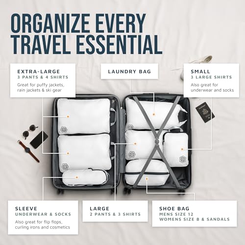 TRIPPED Travel Gear Large Compression Packing Cubes 7-Piece Set for Travel - color: White/Grey