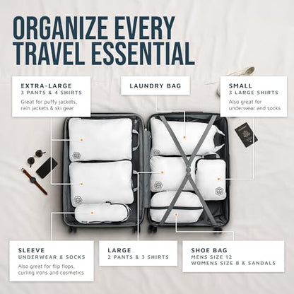 TRIPPED Travel Gear Large Compression Packing Cubes 7-Piece Set for Travel - color: White/Grey