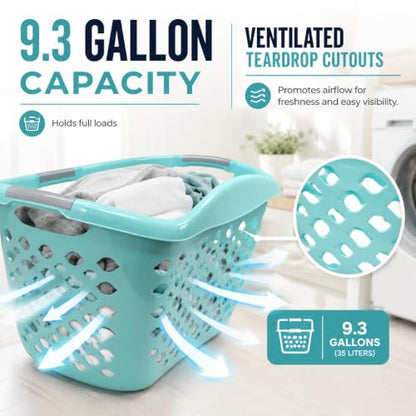 Teal Laundry Basket 9.3 Gal with 3 Handles, Durable Resin - color: Light blue 1pc