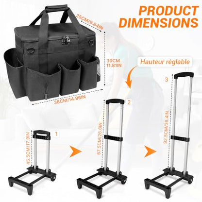 Large Cleaning Caddy Bag with Wheels,Cleaning Bags with Detachable Trolley,Cleaning Supplies Bag Built-in Hard Support Board,Waterproof,Multiple Storage Pockets for Housekeepers - size: 14.96*9.84*11.81inches;28.5L