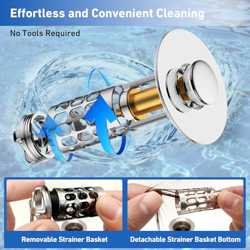 [2 Pack] Universal 3 in 1 Bathroom Sink Stopper, All Metal Pop-Up Bathroom Sink Drain Strainer with Removable Brass Basket Hair Catcher, Sink Plug for 1.1 to 1.6in Drain Holes
