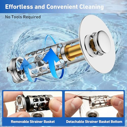 [2 Pack] Universal 3 in 1 Bathroom Sink Stopper, All Metal Pop-Up Bathroom Sink Drain Strainer with Removable Brass Basket Hair Catcher, Sink Plug for 1.1 to 1.6in Drain Holes