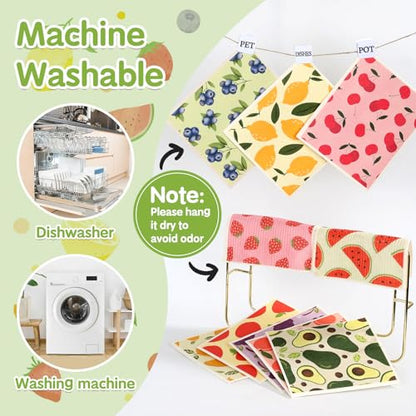 10 Pack Swedish Dishcloths for Kitchen- Reusable Paper Towels Washable Swedish Cloths Fruit Prints Dish Wipes with Adhesive Clips- Super Absorbent Fast Drying Kitchen Sponge for Cleaning Dishes - color: 10 Pack-fruits Prints+ Clips