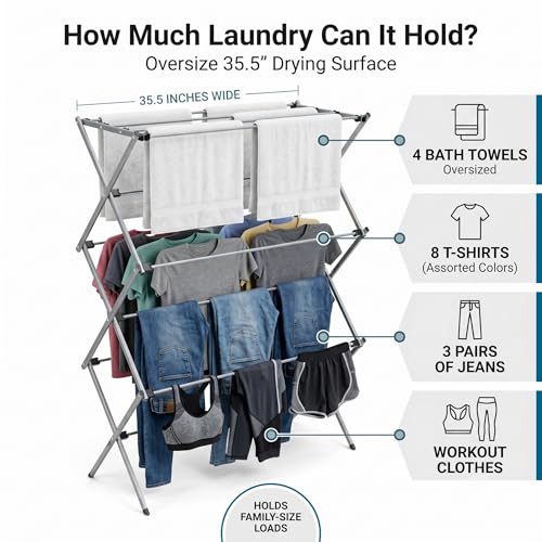 Honey-Can-Do Oversized Collapsible Clothes Drying Rack, 35", 50 lb, Grey - color: Gray
