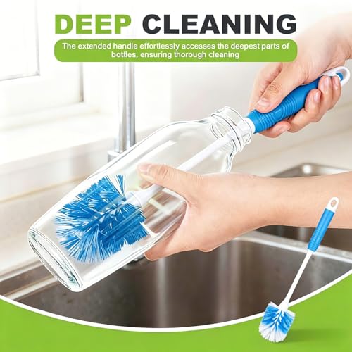 Kitchen Bottle Brush 2 Pack, Long Handle Bottle Cleaning Brush for Water Bottles, Tumblers, Thermos, Glassware and Narrow Neck Containers, Black and Blue
