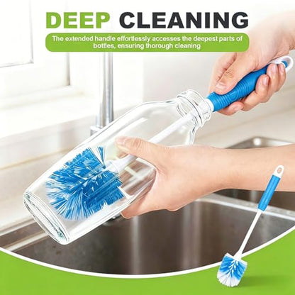 Kitchen Bottle Brush 2 Pack, Long Handle Bottle Cleaning Brush for Water Bottles, Tumblers, Thermos, Glassware and Narrow Neck Containers, Black and Blue