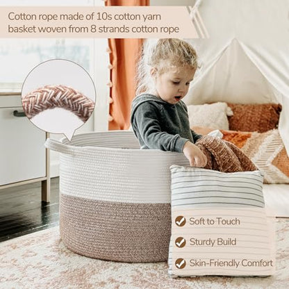 INDRESSME XXXLarge Woven Rope Blanket Basket Living Room Brown, 90L - color: White & Brown, size: 21.7"D x 13.8"H