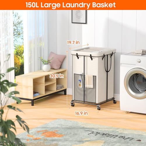 Laundry Hamper with Wheels, 150L Rolling Laundry Basket with Bag & Handles - color: White, size: 40GAL