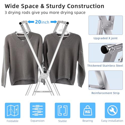 funest Drying Rack Clothing, 79 Inches Adjustble & Foldable Laundry Drying Rack, Heavy Duty Stainless Steel Clothes Drying Rack with 20 Hooks, 12 Clips, Suitable for Indoor, Outdoor and Balcony
