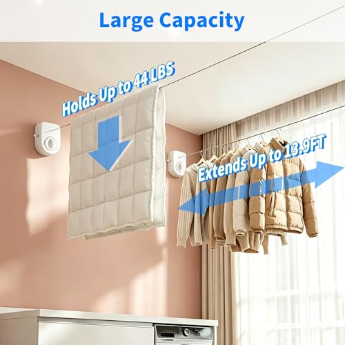 Retractable Clothesline Indoor, Non-Sagging Outdoor Clothes Line Retracting Heavy Duty Clothes Drying Laundry Line Wall Mounted Stainless Steel Line-15.8 Feets (White) - color: White