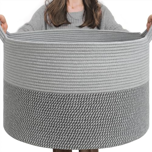INDRESSME XXXLarge Woven Rope Blanket Basket Living Room Grey, 90L - color: Light & Dark Grey, size: 21.7"D x 13.8"H