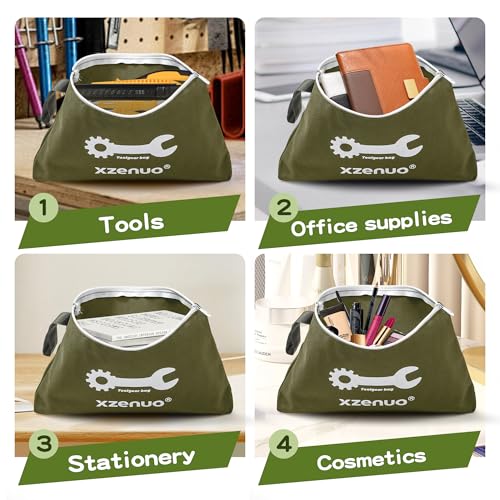 Small Tool Bag with Zipper,16oz 12 inch Tool Pouches - color: Green
