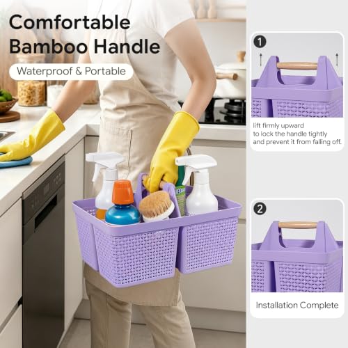 UUJOLY Portable Plastic Shower Caddy Basket with Wooden Handle, Purple - color: Purple