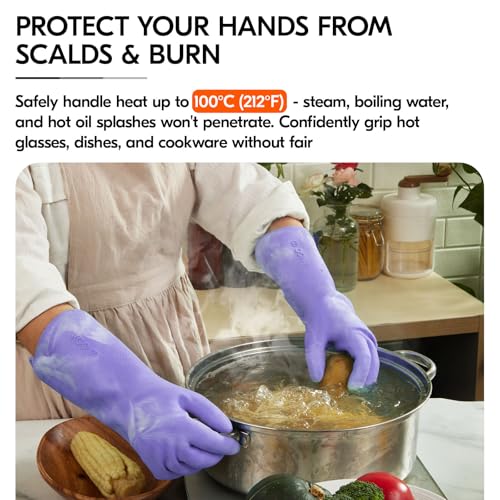 Vgo... Household Cleaning Gloves,Double-layer,Lined Dishwashing Gloves,Long Sleeves for Kitchen,Bathroom Cleaning(TP1117) - color: Violet+white, size: Medium(Pack of 1)