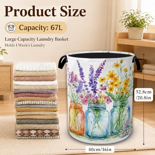 Wildflower Mason Jars Decorative Laundry Hamper, Tall Foldable Oxford Clothes Basket with Handles, Lightweight Dirty Clothes Holder for Bedroom Bathroom Laundry Room - color: Wildflower Mason Jars