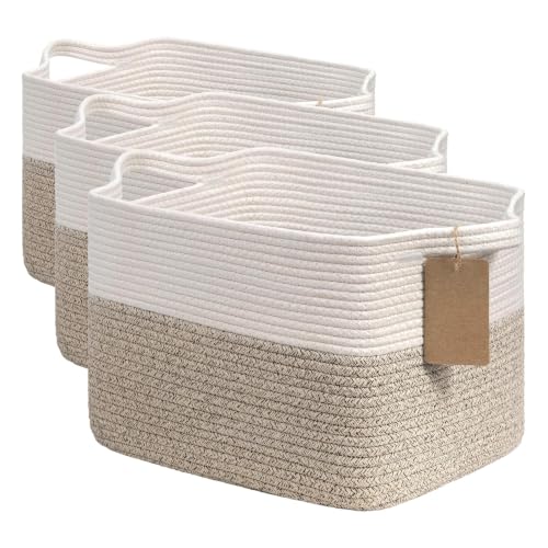Goodpick Woven Storage Basket, Cotton Rope Basket for Dog Toys, Books, Stylish Gift Basket with Handles, 13 x 10 x 9 Inches Square Baskets for Organizing, Brown and White (Pack of 3) - color: Light Brown, size: 13"L x 10"W x 9"H (Pack of 3)