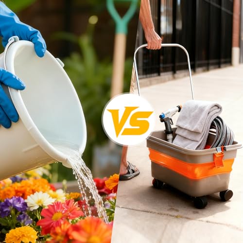 Collapsible Bucket with Wheels and Handle 5.8 Gallon, Drain Plug and Water Outlet, Portable Water Storage Foldable Carts for Mop Cleaning, Camping, RV, Pet Bathing, Fishing, Car Washing