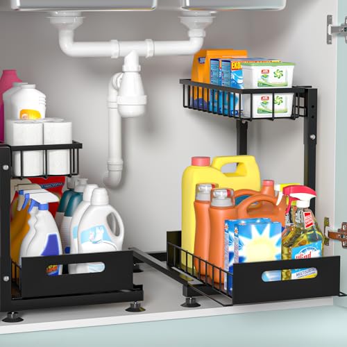 Saydear 2-Pack L-Shaped Under Sink Organizer, 2-Tier Pull-out Cabinet Rack - color: Black V2.0, size: 2 Pack