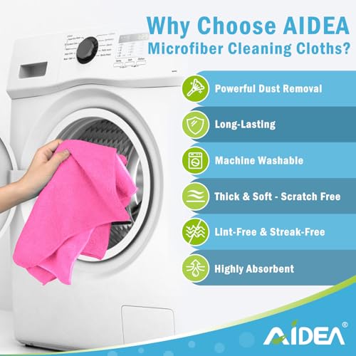 AIDEA Pink Microfiber Cleaning Cloth-12PK, Absorbent Cleaning Rags 12"x12" - color: Pink, size: 12in.x12in.