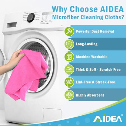 AIDEA Pink Microfiber Cleaning Cloth-12PK, Absorbent Cleaning Rags 12"x12" - color: Pink, size: 12in.x12in.