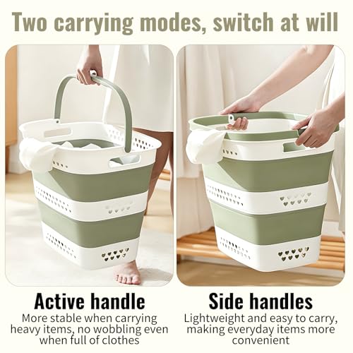 2 Pcs Collapsible Laundry Baskets for Clothes, 43L Plastic Laundry Hamper for Dorm Bedroom, Space Saving Pop-Up Laundry Hamper Container, Durable Foldable Laundry Basket with Handles (Matcha-Green) - color: Matcha-Green