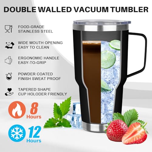 30 oz Stainless Steel Insulated Tumbler with Handle, Lid and Straw, Double Wall Vacuum Insulated Coffee Mug Tumbler, Insulated Coffee Thermal Cup for Cold and Hot (Black) - color: Black, size: 30 Ounces