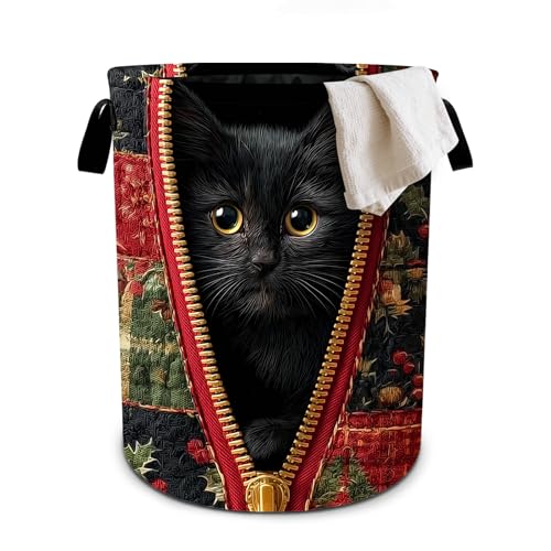 Black Cat Laundry Basket Collapsible Oxford Cloth Fabric Hamper,Tote Bag Portable Storage Bin for Bedroom Bathroom Laundry Room 19.6x15.7 Inch - color: Black Cat
