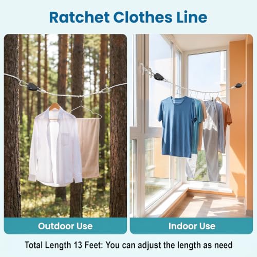 Retractable Travel Clothesline, 13FT Adjustable Heavy Duty Clothes Line Outdoors with Stainless Steel Carabiners & Pulleys Portable Clotheslines for Camping Backyard Balcony Travel (White)