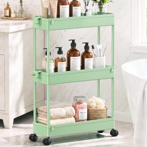 SPACEKEEPER Slim Rolling Storage Cart, 3 Tier Bathroom Cart Organizer,Green - color: Green