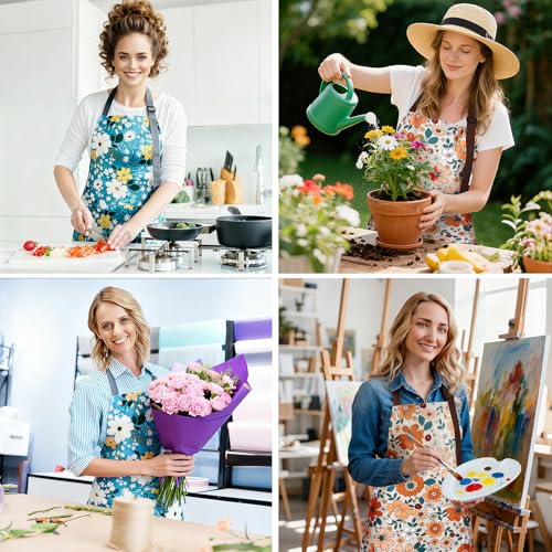 Floral Apron Women, 2 Pack Aprons for Women with Pockets, Waterproof Kitchen Apron Aprons for Cooking, Baking - color: Blue Yellow
