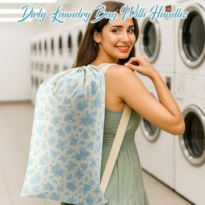 Satinior 2 Pcs Floral Laundry Bag Backpack for Dorm Travel 29" x 18" Canvas - style: Floral