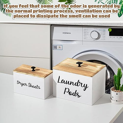 Dandat 2 Pcs Wood Rustic Laundry Dryer Sheet Holder Pod Container with Lid 8.7 x 6.3 x 6.4 Inch Laundry Pod Holder 7.3 x 3.7 x 5 Inch Dryer Sheet Dispenser Wooden Box Container(White) - color: White