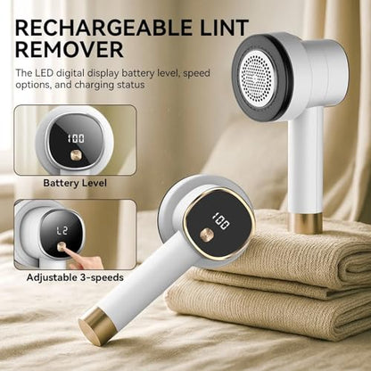 Rechargeable Fabric Shaver, 6-Leaf Blades, LED Display, 3 Speeds - color: White