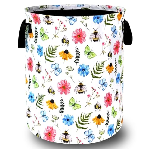 Cute Bee Floral Laundry Basket Oxford Cloth Foldable Hamper 18.9x16.5Inch - color: Cute Bees With Floral Flowers