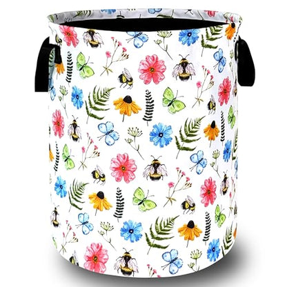 Cute Bee Floral Laundry Basket Oxford Cloth Foldable Hamper 18.9x16.5Inch - color: Cute Bees With Floral Flowers