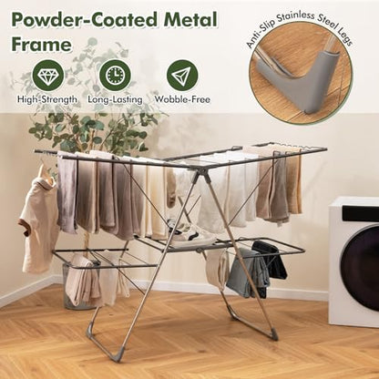 Tangkula Laundry Drying Rack, Foldable Clothes Drying Rack with Height Adjustable Wings, 33 Drying Rails & Sock Clips, Freestanding Gullwing Garment Stand for Indoor & Outdoor Use (Sliver+Grey) - color: Sliver+grey