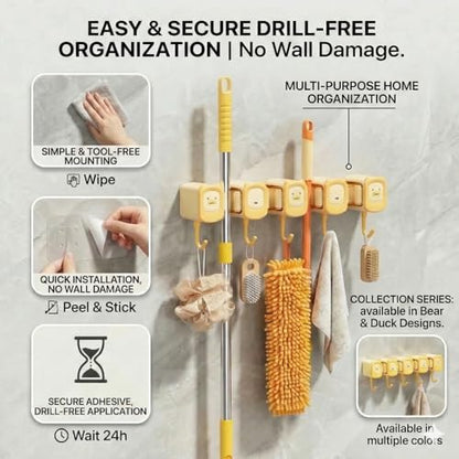 12.8 Inch Broom Holder Wall Mount - Self Adhesive Mop And Broom Organizer Wall Hanging, Cute Cleaning Tool Rack with 4 Grippers 5 Hooks - Brown/Yellow (Yellow) - color: Yellow