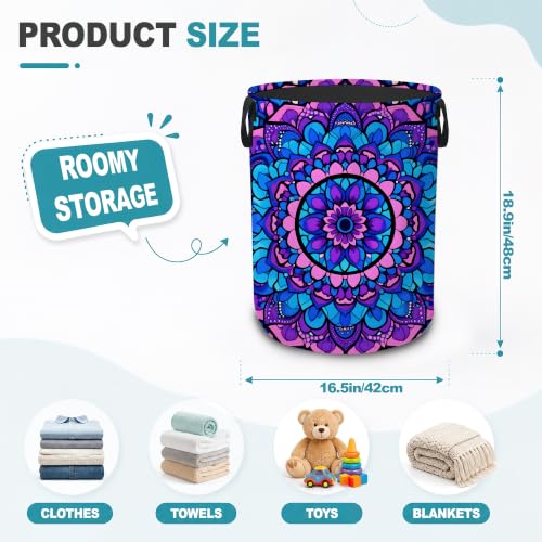 Laundry Basket,Blue Mandala Foldable Clothes Hamper with Handles,Boho Purple Floral Waterproof Oxford Cloth Storage Organizer for Bedroom Bathroom College Dorm,16" x 20" - color: Blue Mandala,Boho Purple Floral