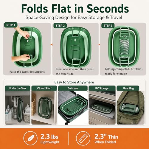 12 Gallon Collapsible Wash Basin with Detachable Washboard, Extra Large Foldable Utility Bucket with Dual Drain Plugs, Portable Household Cleaning Tub for Laundry, Mopping, RV, Camping & Travel