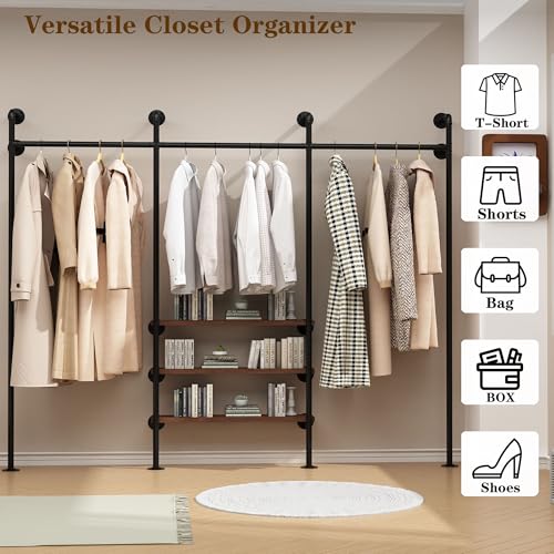HOMEKAYT Industrial Pipe Clothes Rack,Wall Mounted Clothing Rack with Shelves, Heavy Duty Multi-Purpose Storage Clothes Hanging Shelf - 94.5''L Black - color: black, size: 94.5''L-A