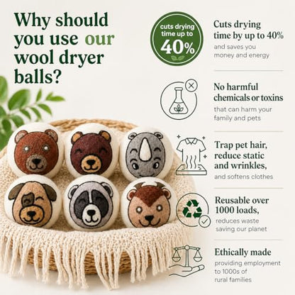 Wool Dryer Balls XL 6-Pack – Organic Wool Dryer Balls for Laundry Reusable, Natural Fabric Softener, Reduces Drying Time, Static, Wrinkles & Clumping - color: Animals