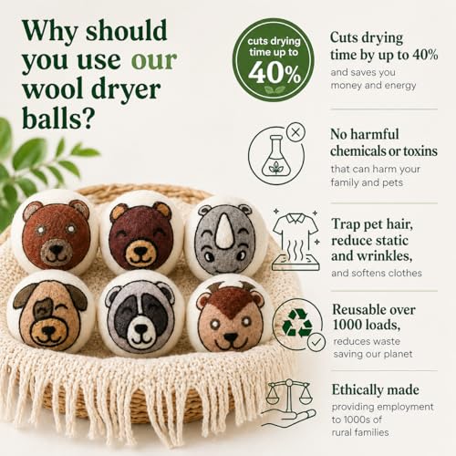 Wool Dryer Balls XL 6-Pack – Organic Wool Dryer Balls for Laundry Reusable, Natural Fabric Softener, Reduces Drying Time, Static, Wrinkles & Clumping - color: Animals