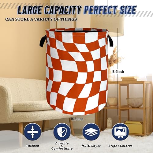 Orange Checkerboard Laundry Basket Oxford Cloth Foldable Hamper 18.9x16.5In - color: Orange Checkerboard Pattern